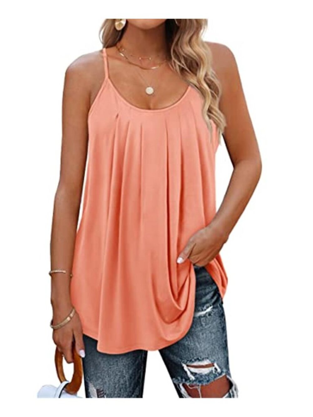 Womens Pleated Cami Tank Top Scoop Neck Flowy Sleeveless Summer Blouse Loose Fit